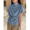 imageOYOANGLE Womens Ruched Draped Front Mock Neck Short Sleeve Solid Tee Shirt TopBlue