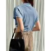 imageOYOANGLE Womens Ruched Draped Front Mock Neck Short Sleeve Solid Tee Shirt TopBlue