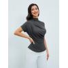 imageOYOANGLE Womens Ruched Draped Front Mock Neck Short Sleeve Solid Tee Shirt TopGrey