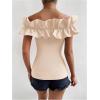 imageOYOANGLE Womens Ruffle Trim Off Shoulder Short Sleeve Blouse Party Tops ShirtApricot