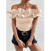 imageOYOANGLE Womens Ruffle Trim Off Shoulder Short Sleeve Blouse Party Tops ShirtApricot
