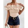 imageOYOANGLE Womens Ruffle Trim Off Shoulder Short Sleeve Blouse Party Tops ShirtApricot
