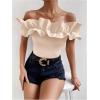 imageOYOANGLE Womens Ruffle Trim Off Shoulder Short Sleeve Blouse Party Tops ShirtApricot