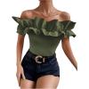 imageOYOANGLE Womens Ruffle Trim Off Shoulder Short Sleeve Blouse Party Tops ShirtArmy Green
