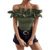 imageOYOANGLE Womens Ruffle Trim Off Shoulder Short Sleeve Blouse Party Tops ShirtArmy Green
