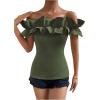 imageOYOANGLE Womens Ruffle Trim Off Shoulder Short Sleeve Blouse Party Tops ShirtArmy Green