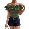 imageOYOANGLE Womens Ruffle Trim Off Shoulder Short Sleeve Blouse Party Tops ShirtArmy Green