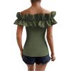 imageOYOANGLE Womens Ruffle Trim Off Shoulder Short Sleeve Blouse Party Tops ShirtArmy Green