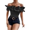 imageOYOANGLE Womens Ruffle Trim Off Shoulder Short Sleeve Blouse Party Tops ShirtBlack Solid