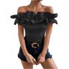 imageOYOANGLE Womens Ruffle Trim Off Shoulder Short Sleeve Blouse Party Tops ShirtBlack Solid