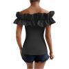 imageOYOANGLE Womens Ruffle Trim Off Shoulder Short Sleeve Blouse Party Tops ShirtBlack Solid