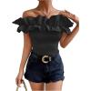 imageOYOANGLE Womens Ruffle Trim Off Shoulder Short Sleeve Blouse Party Tops ShirtBlack Solid