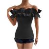 imageOYOANGLE Womens Ruffle Trim Off Shoulder Short Sleeve Blouse Party Tops ShirtBlack Solid