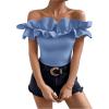 imageOYOANGLE Womens Ruffle Trim Off Shoulder Short Sleeve Blouse Party Tops ShirtBlue