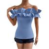 imageOYOANGLE Womens Ruffle Trim Off Shoulder Short Sleeve Blouse Party Tops ShirtBlue