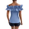 imageOYOANGLE Womens Ruffle Trim Off Shoulder Short Sleeve Blouse Party Tops ShirtBlue