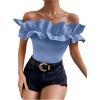 imageOYOANGLE Womens Ruffle Trim Off Shoulder Short Sleeve Blouse Party Tops ShirtBlue
