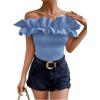 imageOYOANGLE Womens Ruffle Trim Off Shoulder Short Sleeve Blouse Party Tops ShirtBlue