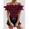imageOYOANGLE Womens Ruffle Trim Off Shoulder Short Sleeve Blouse Party Tops ShirtBurgundy