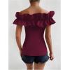 imageOYOANGLE Womens Ruffle Trim Off Shoulder Short Sleeve Blouse Party Tops ShirtBurgundy
