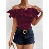 imageOYOANGLE Womens Ruffle Trim Off Shoulder Short Sleeve Blouse Party Tops ShirtBurgundy