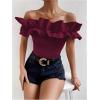 imageOYOANGLE Womens Ruffle Trim Off Shoulder Short Sleeve Blouse Party Tops ShirtBurgundy