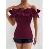 imageOYOANGLE Womens Ruffle Trim Off Shoulder Short Sleeve Blouse Party Tops ShirtBurgundy