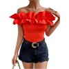 imageOYOANGLE Womens Ruffle Trim Off Shoulder Short Sleeve Blouse Party Tops ShirtBurnt Orange