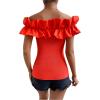 imageOYOANGLE Womens Ruffle Trim Off Shoulder Short Sleeve Blouse Party Tops ShirtBurnt Orange