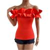 imageOYOANGLE Womens Ruffle Trim Off Shoulder Short Sleeve Blouse Party Tops ShirtBurnt Orange