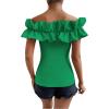 imageOYOANGLE Womens Ruffle Trim Off Shoulder Short Sleeve Blouse Party Tops ShirtGreen