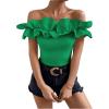 imageOYOANGLE Womens Ruffle Trim Off Shoulder Short Sleeve Blouse Party Tops ShirtGreen