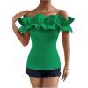 imageOYOANGLE Womens Ruffle Trim Off Shoulder Short Sleeve Blouse Party Tops ShirtGreen