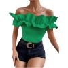 imageOYOANGLE Womens Ruffle Trim Off Shoulder Short Sleeve Blouse Party Tops ShirtGreen