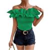 imageOYOANGLE Womens Ruffle Trim Off Shoulder Short Sleeve Blouse Party Tops ShirtGreen