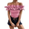 imageOYOANGLE Womens Ruffle Trim Off Shoulder Short Sleeve Blouse Party Tops ShirtLight Pink