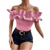 imageOYOANGLE Womens Ruffle Trim Off Shoulder Short Sleeve Blouse Party Tops ShirtLight Pink