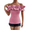 imageOYOANGLE Womens Ruffle Trim Off Shoulder Short Sleeve Blouse Party Tops ShirtLight Pink