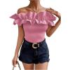 imageOYOANGLE Womens Ruffle Trim Off Shoulder Short Sleeve Blouse Party Tops ShirtLight Pink