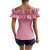 imageOYOANGLE Womens Ruffle Trim Off Shoulder Short Sleeve Blouse Party Tops ShirtLight Pink