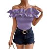 imageOYOANGLE Womens Ruffle Trim Off Shoulder Short Sleeve Blouse Party Tops ShirtPurple