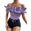 imageOYOANGLE Womens Ruffle Trim Off Shoulder Short Sleeve Blouse Party Tops ShirtPurple