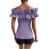 imageOYOANGLE Womens Ruffle Trim Off Shoulder Short Sleeve Blouse Party Tops ShirtPurple