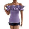 imageOYOANGLE Womens Ruffle Trim Off Shoulder Short Sleeve Blouse Party Tops ShirtPurple