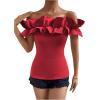 imageOYOANGLE Womens Ruffle Trim Off Shoulder Short Sleeve Blouse Party Tops ShirtRed