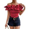 imageOYOANGLE Womens Ruffle Trim Off Shoulder Short Sleeve Blouse Party Tops ShirtRed