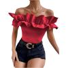imageOYOANGLE Womens Ruffle Trim Off Shoulder Short Sleeve Blouse Party Tops ShirtRed