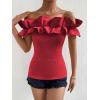 imageOYOANGLE Womens Ruffle Trim Off Shoulder Short Sleeve Blouse Party Tops ShirtRed