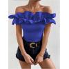 imageOYOANGLE Womens Ruffle Trim Off Shoulder Short Sleeve Blouse Party Tops ShirtRoyal Blue