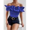 imageOYOANGLE Womens Ruffle Trim Off Shoulder Short Sleeve Blouse Party Tops ShirtRoyal Blue